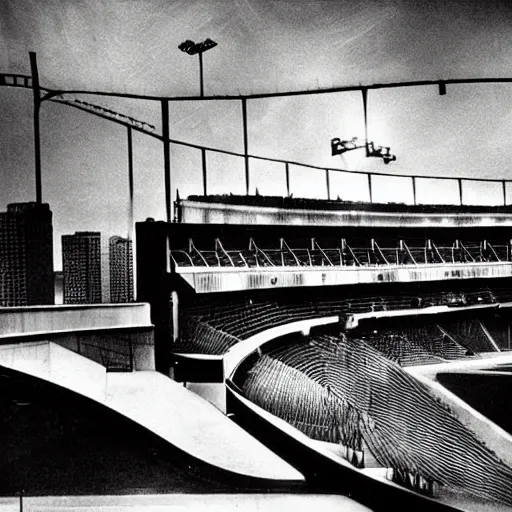 Prompt: art deco sports stadium, chicago, city, dark city, film noir, olympics event 1930's, moody lighting, cinematic, movie frame, Road to Perdition