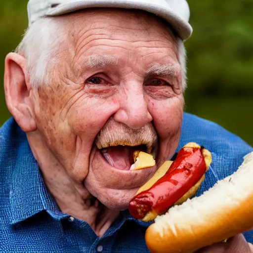 Prompt: portrait of a elderly man throwing a hotdog, 🌭, canon eos r 3, 8 0 mm f / 1. 2, iso 2 0 0, 1 / 1 6 0 s, 8 k, raw, unedited, symmetrical balance,