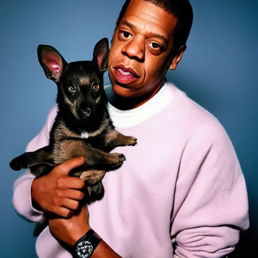 Prompt: JAY Z holding a puppy for a 1990s sitcom tv show, Studio Photograph, portrait C 12.0