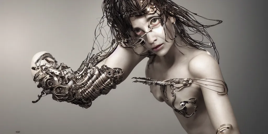 Image similar to hyper realistic photography of a stunningly beautiful cyborg female, elbow, plated arm, intimate, holding close, ribbons, in the style of beth cavener, jin kagetsu,, and wlop, highly detailed, intricate filigree, symmetry, masterpiece, award winning, sharp focus, concept art, highkey lighting, ambient lighting, octane render, 8 k, artstation