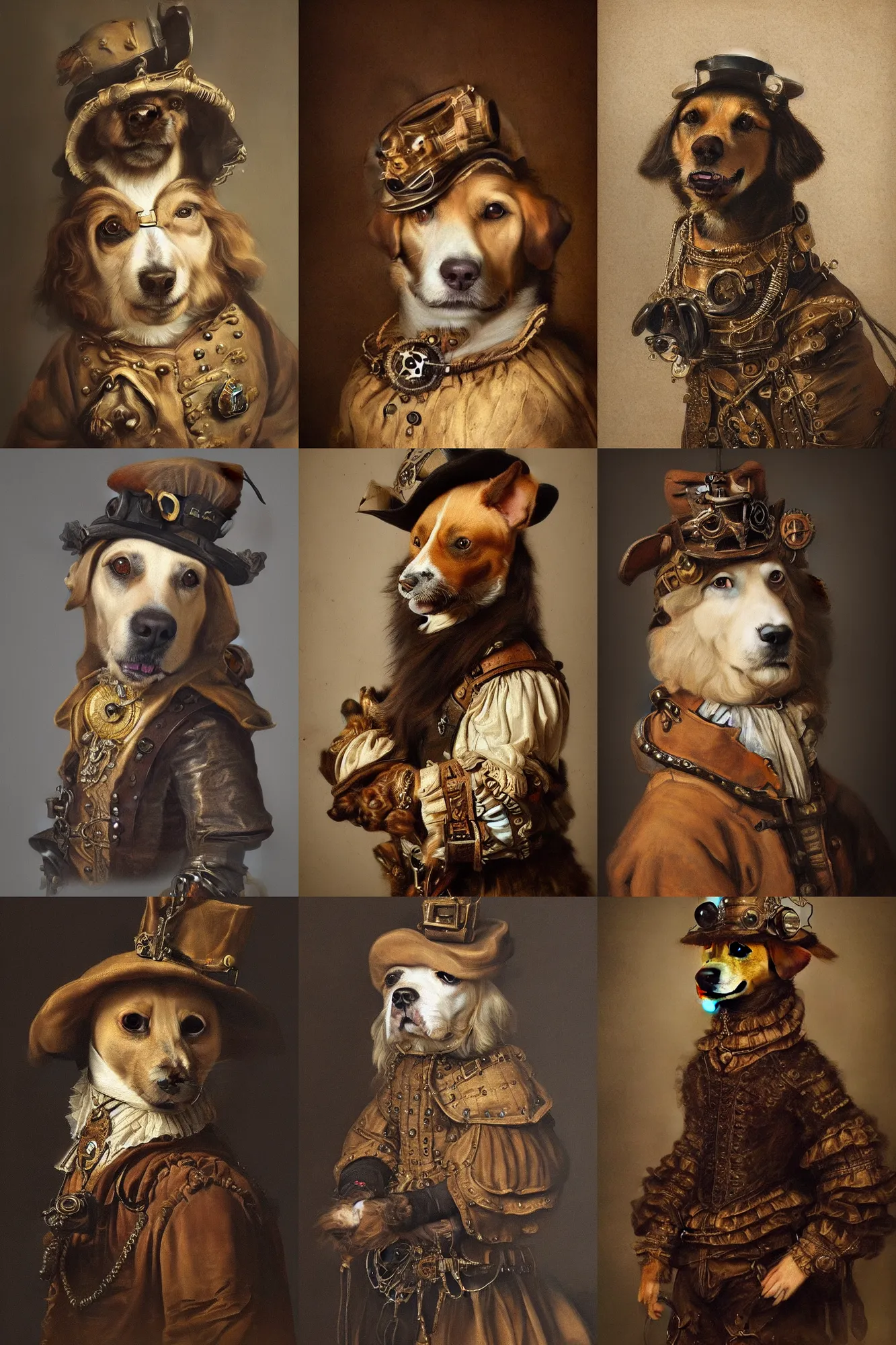 Prompt: a beautiful 17th century portrait of a dog in steampunk clothing, detailed, realistic, rembrandt lightning, trending on Artstation