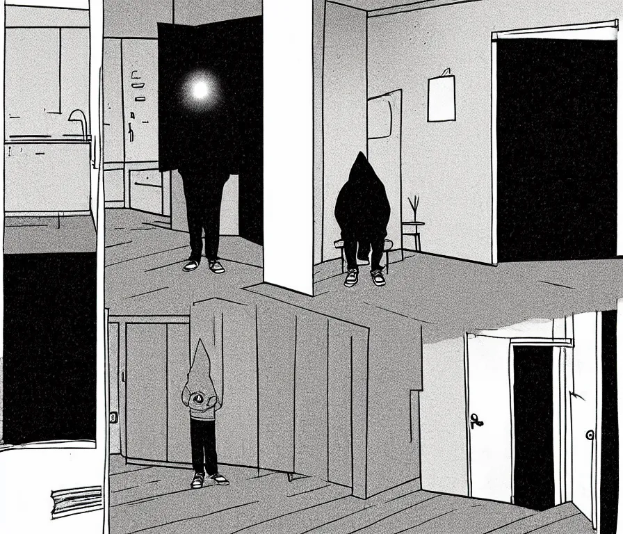 Prompt: todd solondz in hoodie lonely at his empty apartment, knees tucked in | rain falls at night : storyboard, realistic. by gabriel hardman, joe alves, j. todd anderson, chris bonura. cinematic atmosphere, detailed and intricate, perfect anatomy