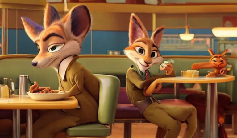 Image similar to A scene from Zootopia. Tired and lonely Nick is eating dinner at a lonely diner. The diner is dim and dirty. The economy is in a slump. Cold tones, Pixar Digital Movies