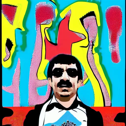 Image similar to omar souleyman in the style of daniel johnston and outsider art, 4k, overlaid with arabic text