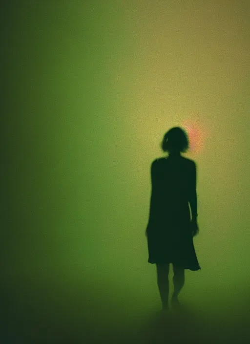 Image similar to a thin female silhouette walking, astral projection, green glowing aura, out of body, film grain, cinematic lighting, experimental film