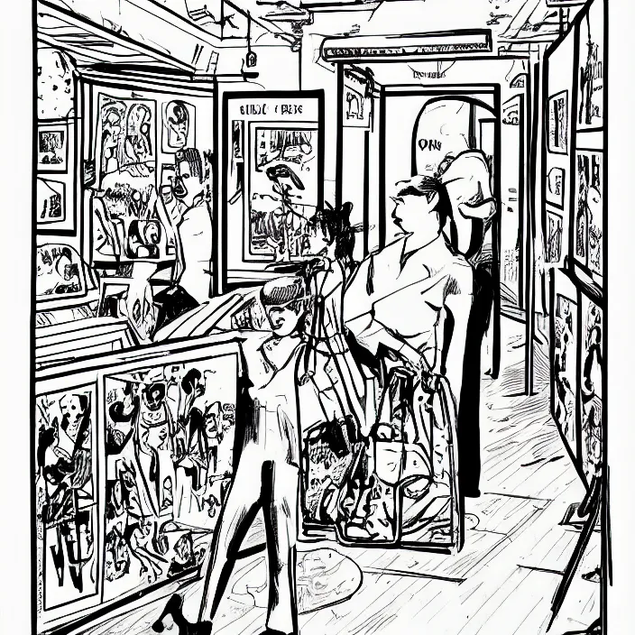 Prompt: a still frame from comic strip a visitors in a contemporary art gallery 1 9 9 0, new yorker illustration, monochrome contrast bw, lineart, manga