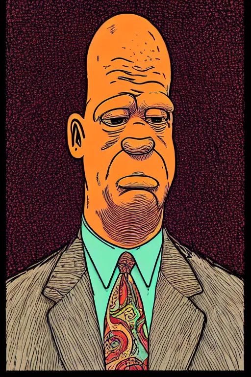 Prompt: a vibrant! sideview waist up portrait of homer simpsons by laurie greasley and rene magritte, etching by gustave dore, colorful flat surreal ethereal, intricate, sharp focus, illustration, highly detailed, digital painting, concept art, masterpiece