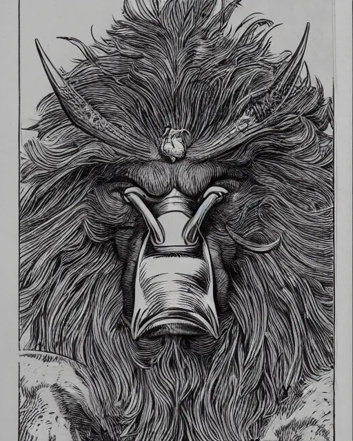 Image similar to a creature with the body and eyes of a man, with the beak of an eagle, the mane of a lion, and the horn of a bull. drawn by moebius