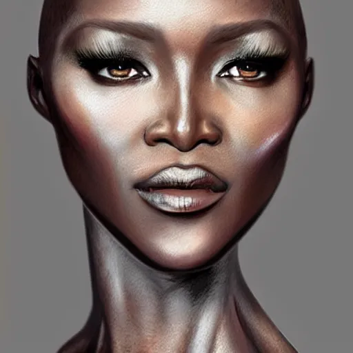 Image similar to beautiful, very strong, naomi campbell, middle aged, face, no makeup, no tattoos, warrior, battle hardened, head shot, fantasy, highly detailed, digital painting, artstation, concept art, smooth, sharp focus, illustration, art by jodie muir and brom