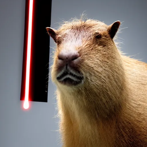 Prompt: A Realistic capybara posing with a glowing Jedi light saber in a well lit white room, 4k Photograph