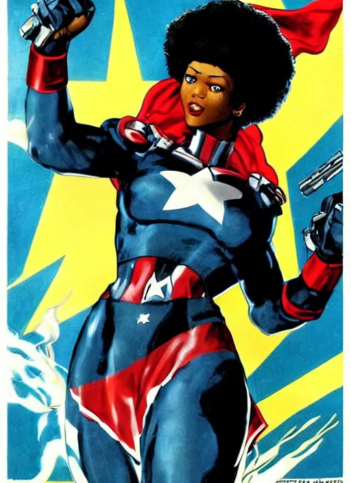 Image similar to beautiful black female captain america. afro - feminist captain america wins wwii. american wwii propaganda poster by james gurney, rob liefeld and pixar. gorgeous face. overwatch, realistic. black power