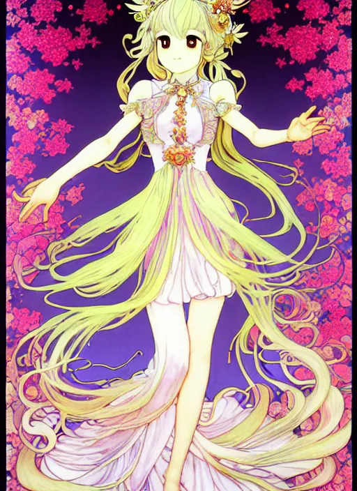 Image similar to exquisite imaginative manga poster of a fairy princess, fire emblem heroes, long wavy hair, rococo ruffles dress, shimmering, by shigenori soejima, minaba hideo, katsuhiro otomo, alphonse mucha, jump comics, illustration, artstation, pixiv, dark fantastic, highly detailed, 8 k, fluorescent, fluorescent, maximalist