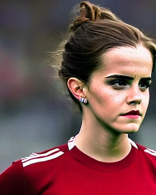 Image similar to a portrait of emma watson as a lokomotiv football player, hyper realistic