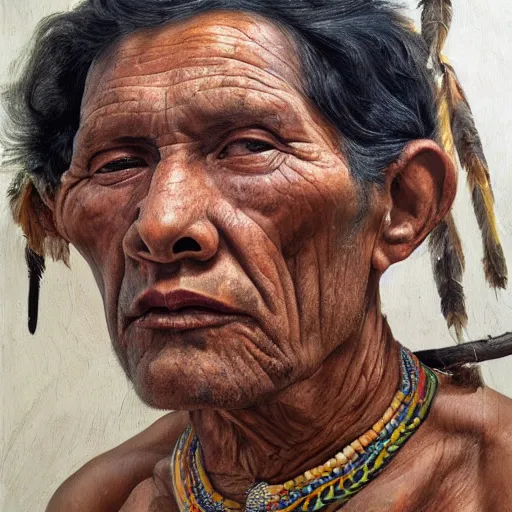 Image similar to high quality high detail painting by lucian freud, hd, portrait of a indigenous tribe leader, photorealistic lighting