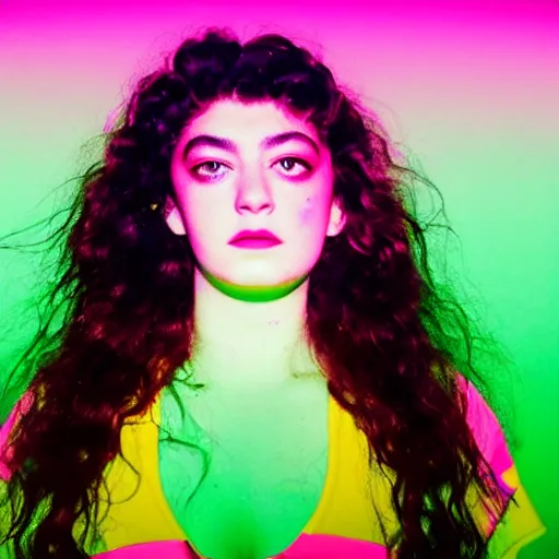 Prompt: 8k high detailed 35mm wide angle lens photograph of lorde in futurecore attire experiencing complete euphoria, vivid details, in the style of Andy Warhol