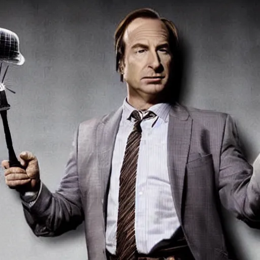 Prompt: saul goodman's character portrayed by bob odenkirk, from the show, breaking bad and better call saul, hitting an enormous, complex dab rig with christian bale's character, patrick bateman from american paycho.