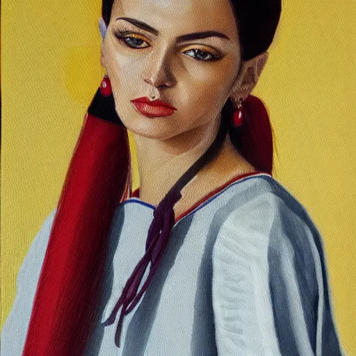 Image similar to hyperrealism oil painting, portrait of fashion model in traditional ukrainian vyshyvanka