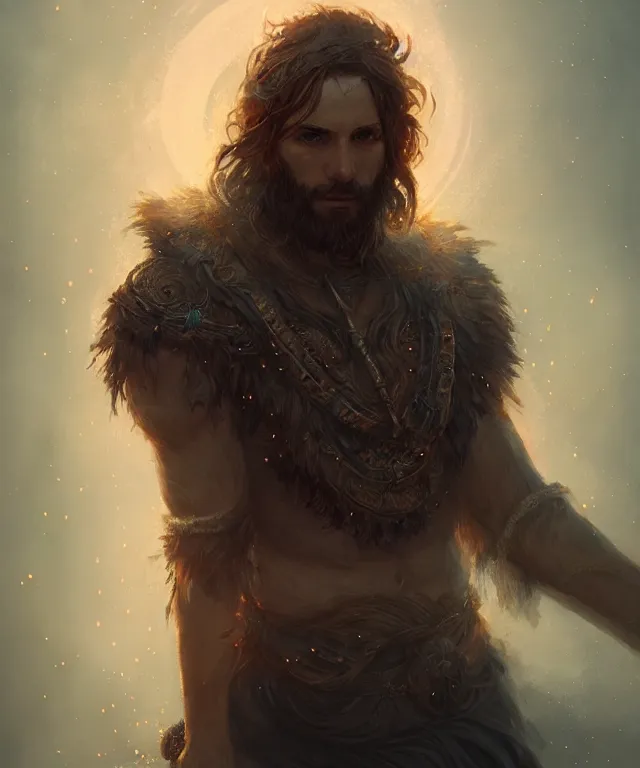 Image similar to a male druid, fully clothed, glowing energy, fantasy, intricate, cinematic lighting, highly detailed, digital painting, artstation, concept art, smooth, sharp focus, illustration, subject in the middle of the frame, art by wlop