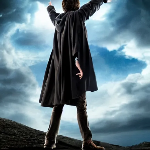 Prompt: Harry potter upright and levitating , back view, thunderclouds, cinematic shot, epic scale, waving robe movement, wand, photorealistic detail and quality, intricate ground stone, movie still, nighttime, crescent moon, sharp and clear, action shot, intense scene, visually coherent, symmetry, rule of thirds, movement, vivid colors, cool colors transitioning to warm colors, award winning, directed by Steven Spielberg, Christopher Nolan, Tooth Wu, Asher Duran, Greg Rutkowski