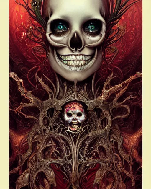 Prompt: perfectly centered portrait front view of a angry dead rotten beautiful female skull growing ornamentation all around, ornate, detailed, symmetrical, elegant, beautifully soft lit, by wayne barlowe, peter mohrbacher, kelly mckernan