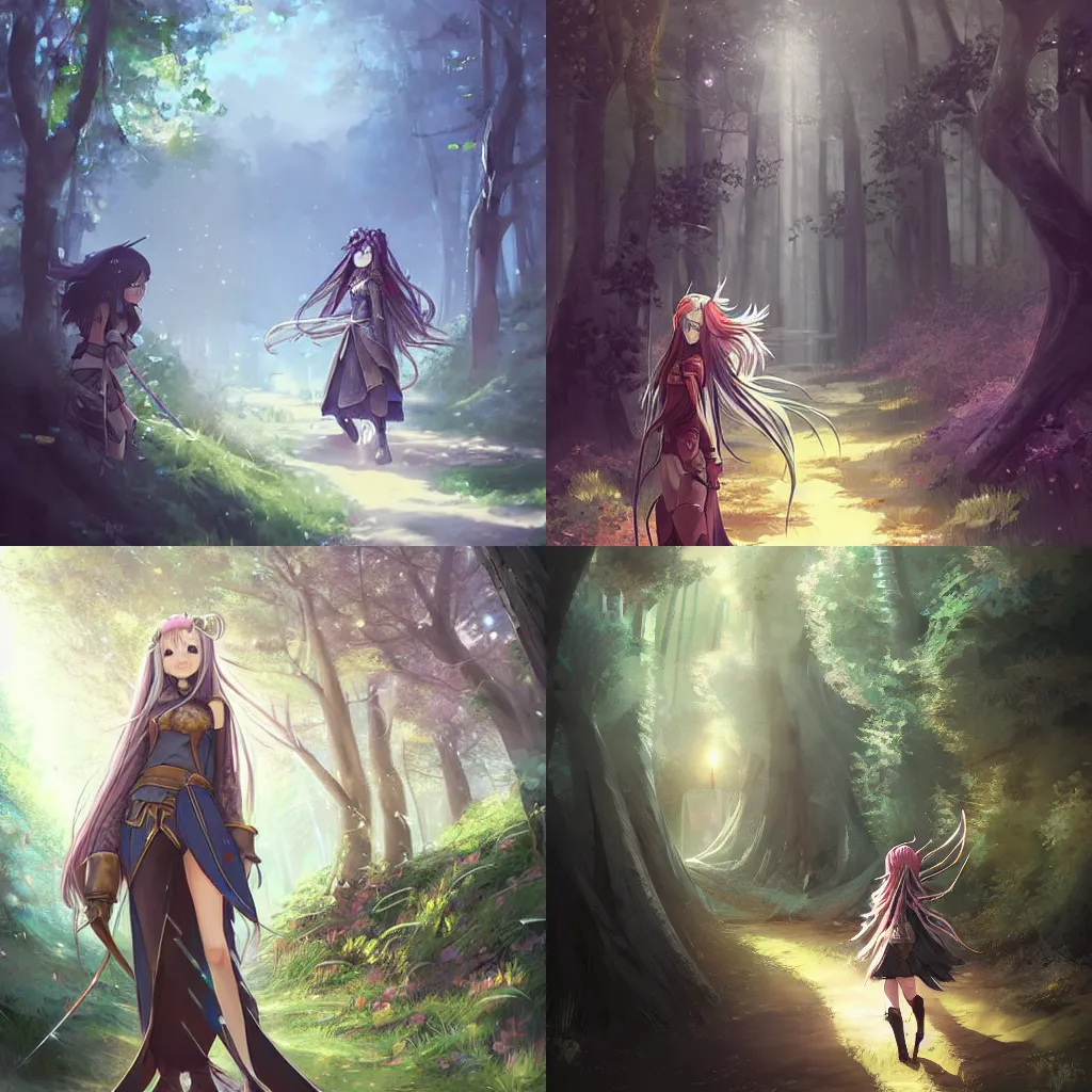 Prompt: a cute sorceress with long brunette hair, and a tall knight in full metal armor, travel down a forest path together in the sunny afternoon. fantasy anime, digital painting by WLOP