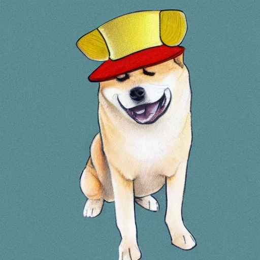 Image similar to A sketch of a shiba inu dog with a sombrero on its head