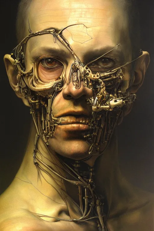 Prompt: beautiful oil clean painting biomechanical portrait of man with eyes connected to the machine by wayne barlowe, rembrandt, complex, stunning, realistic skin color, 4 k, high res, awardwinning, masterpiece, realistic lighting