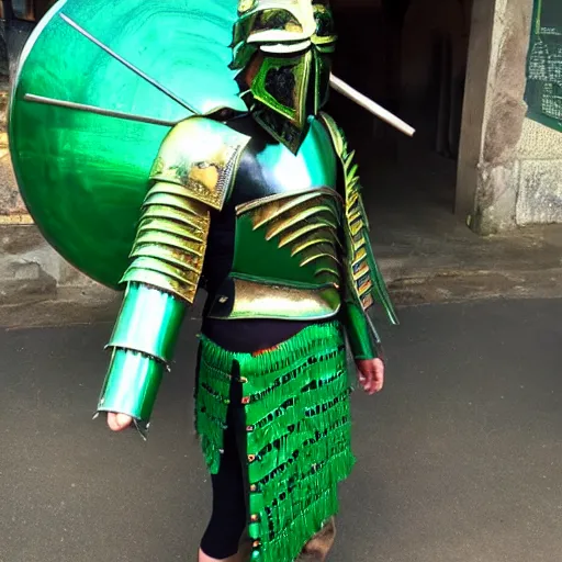 Image similar to photo of a real-life beautiful warrior with malachite armour