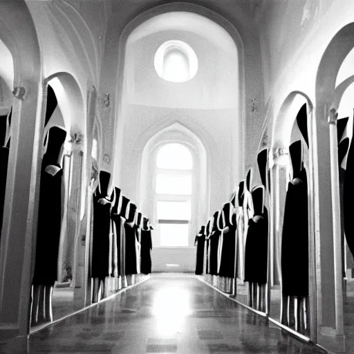 Image similar to award winning photo Floating nuns,Very long arms, in a sanctuary, eerie, frightening —width 1024 —height 1024