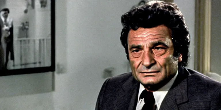 Image similar to photorealistic cinematography of peter falk acting in a 1 9 6 9 episode of columbo shot on 3 5 mm eastman 5 2 5 4 film with a 1 8 mm cooke panchro lens shot by cinematographer russell metty