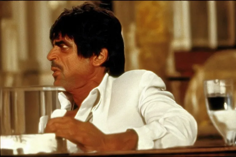 Image similar to tony montana from movie scarface 1 9 8 3 sitting at a big black oak table with big packages of flour. next to the night window. al pacino. perfect symmetric face, coherent eyes, medium shot, fine details, 4 k, ron cobb, cinestill