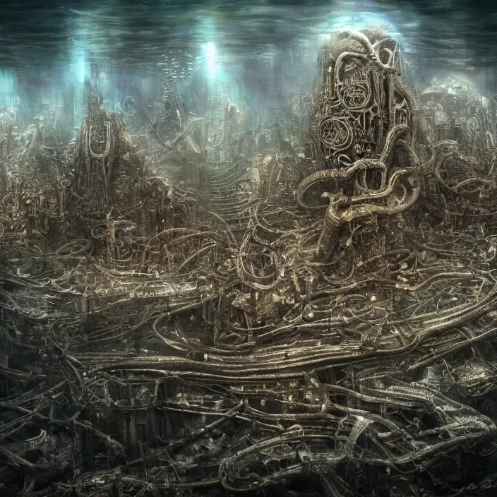Prompt: stunning beautiful underwater city, photorealism by lee jeffries h. r. giger, tim burton, full colour spectrum, iridescent specular highlights, white biomechanical, gold, bronze, copper, chrome, titanium, by h. r. giger, tim burton supersampled, 8 k, beautify
