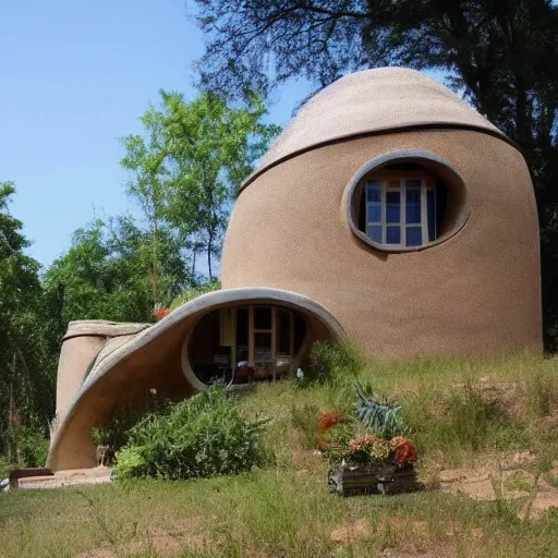 Prompt: beautiful overgrown modern Earthship home made from clay cob with permaculture garden