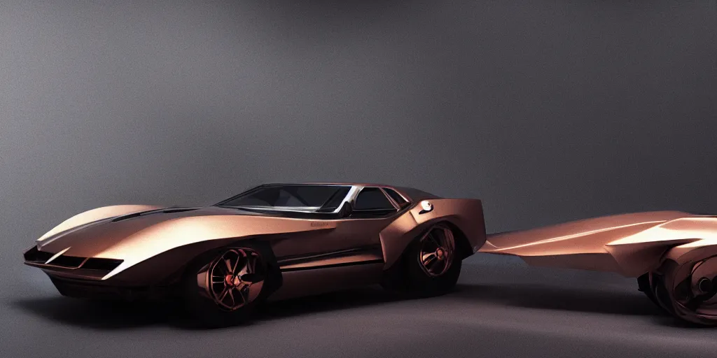 Prompt: a design of a futuristic Corvette C2 1969, designed by Polestar, blade runner background, stained antique copper car paint, black windows, dark show room, dramatic lighting, hyper realistic render, depth of field