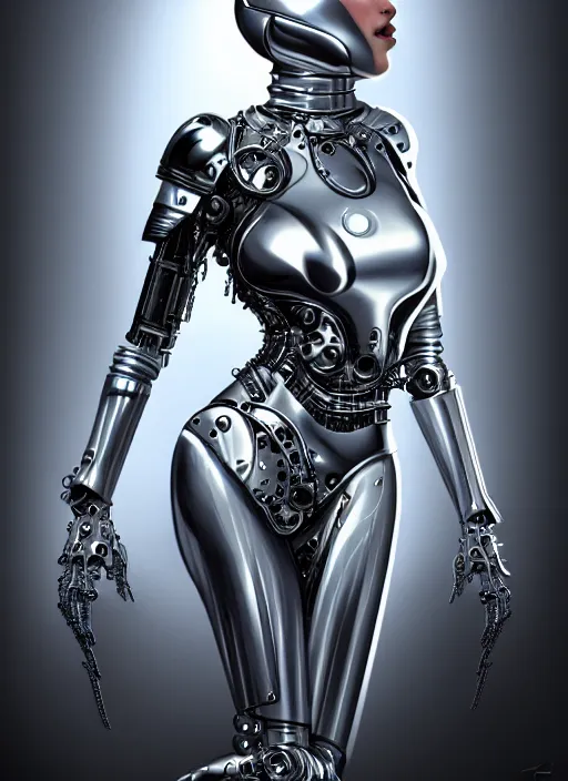 Image similar to futuristic chrome cyborg, part motorcycle, diffuse lighting, fantasy, intricate, elegant, highly detailed, lifelike, photorealistic, digital painting, artstation, illustration, concept art, smooth, sharp focus, art by John Collier and Albert Aublet and James jean and Brian froud and ross tran and Artem Demura and Alphonse Mucha