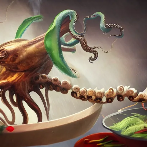 Image similar to a flying octopus cooking soup, stirring a pot with a ladle and cutting vegetables, fantasy illustration, trending on artstation, very realistic, 4k, unreal engine