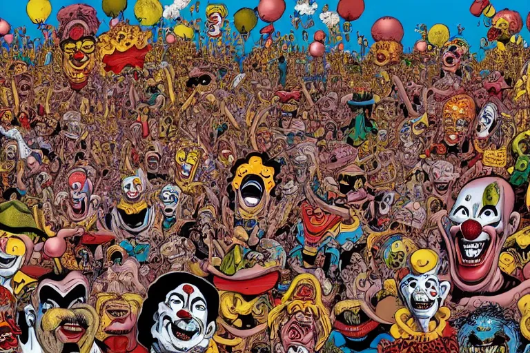 Image similar to endless crowd of clowns by rotella mimmo, kenny scharf, jacek yerka, peter bagge, simon bisley, artur bordalo, judy chicago, geof darrow