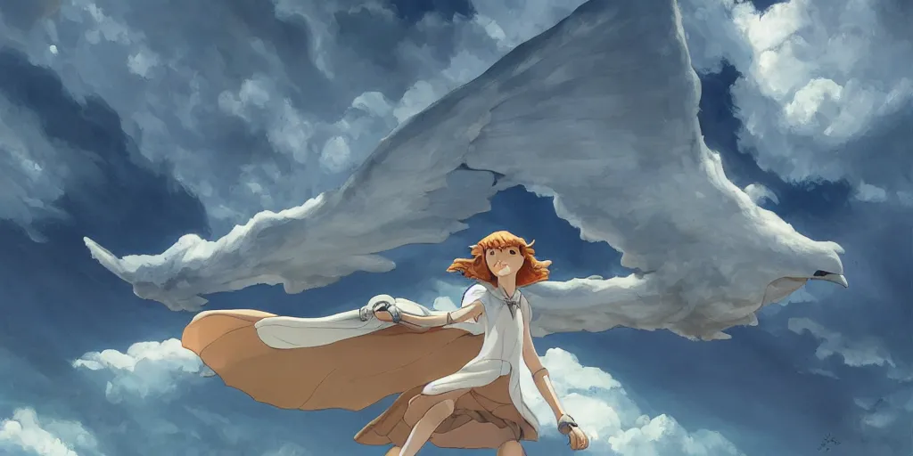 Image similar to A girl flying with a bird-shaped white glider over the clowds, Nausicaa of the Valley of the Wind, Miyazaki Hayao, ghibli style, highly detailed, digital painting, concept art, sharp focus, illustration, anime, trending on artstaion