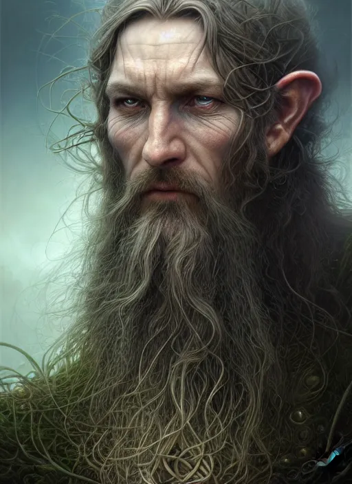 Image similar to closeup portrait shot of a celtic druid in a scenic dystopian environment, intricate, elegant, highly detailed, centered, digital painting, artstation, concept art, smooth, sharp focus, illustration, artgerm, tomasz alen kopera, peter mohrbacher, donato giancola, joseph christian leyendecker, wlop, boris vallejo