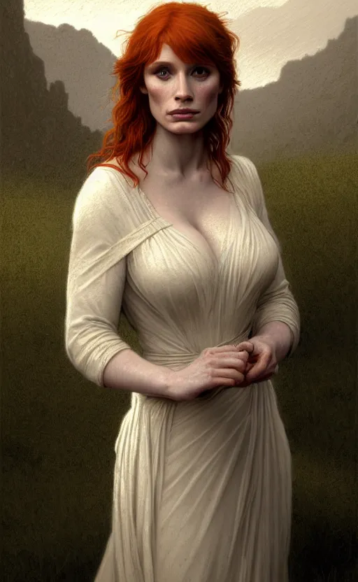 Image similar to Bryce Dallas Howard, Jessica Chastain, traditional corsican, intricate, highly detailed, artstation, illustration, jurgens, rutkowski, bouguereau, pastoral, rural, georgic