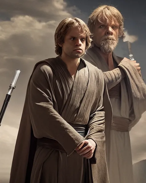 Image similar to sebastian stan portraying a beautiful luke skywalker grand master jedi from star wars legends, in a jedi robe, without lightsaber, movie, hyper realistic, hollywood promotional image, imax, 8 k