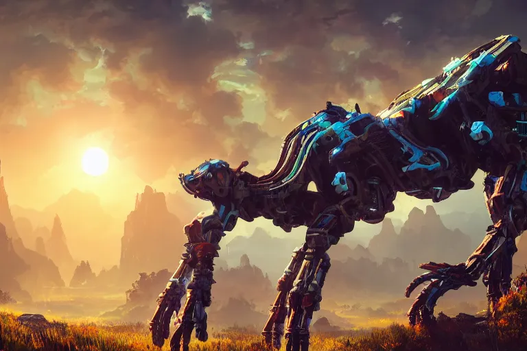 Image similar to tallneck machine mecanical creature robot of horizon forbidden west horizon zero dawn bioluminiscence global illumination ray tracing hdr fanart arstation by ian pesty and alena aenami artworks in 4 k