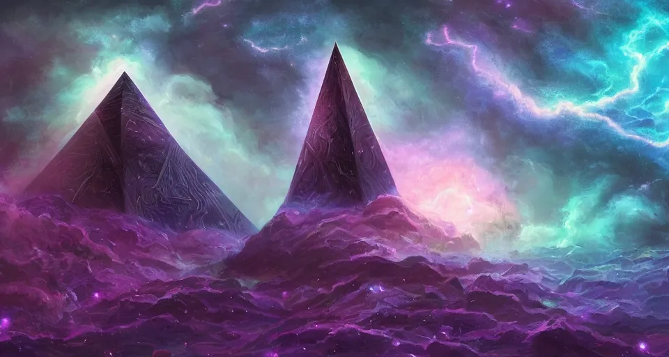 Image similar to black lovecraftian eldritch!! obsidian! pyramid!! surrounded by dark stormy sea, cosmic purple space!, bright stars, nebula, sky background by eugene von guerard, ivan shishkin, night, concept art, trending on artstation, 8 k