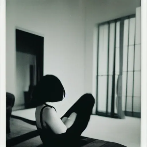 Prompt: teenage girl sitting in a living room designed by yohji yamamoto, polaroid