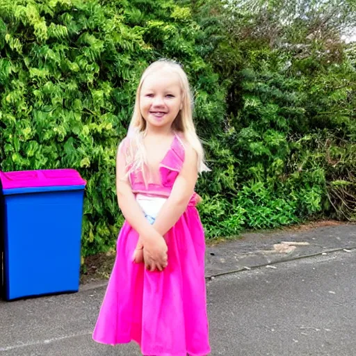 Image similar to a small blonde girl in front of some wheelie bins wearing a pink dress