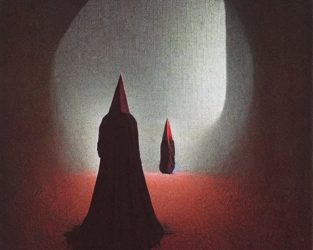 Image similar to by francis bacon, beksinski, mystical redscale photography evocative. devotion to the scarlet woman in her cathedral, priestess in a conical hat, coronation, ritual, sacrament