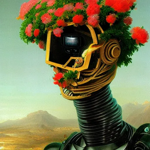 Image similar to a vaporwave painting by Thomas Cole of a robot head with flowers growing out, highly detailed