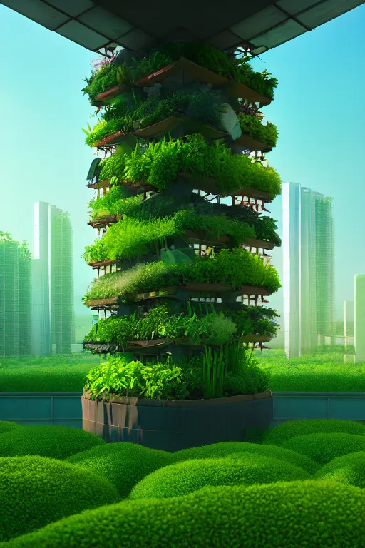 Prompt: vertical farming, solarpunk, studio ghibli, octane render, 4 k