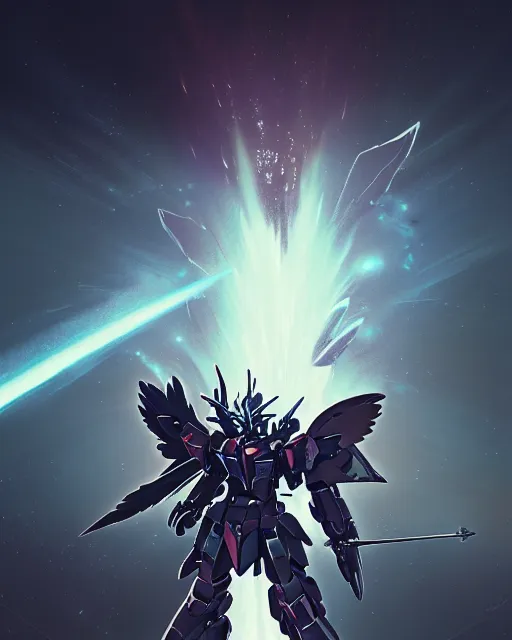 Image similar to highly detailed vfx portrait of an dark souls gundam with wings of feathers beam saber fighting in space with a beam gun, unreal engine, greg rutkowski, loish, rhads, beeple, makoto shinkai and lois van baarle, ilya kuvshinov, rossdraws, tom bagshaw, alphonse mucha, global illumination, detailed and intricate environment