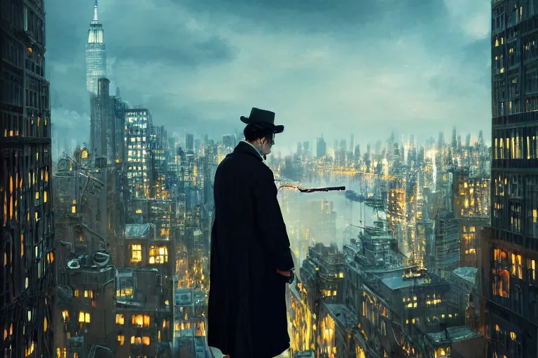 Prompt: portrait detective wearing a trench coat in profile smoking a sherlock holmes pipe on a perch facing the city at night, smooth, focus, highly detailed, hyper realistic, dramatic lighting, intricate, concept art, new york skyline, looking down, movie still, art by wlop, greg rutowski, artstation